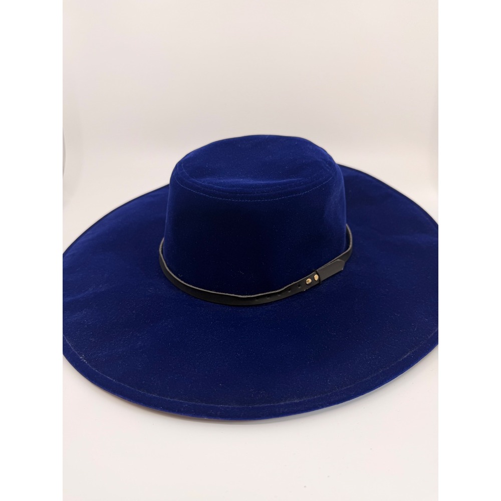 Free People Royal Blue Velvet Wide Brim Boater Hat with Faux Leather Band